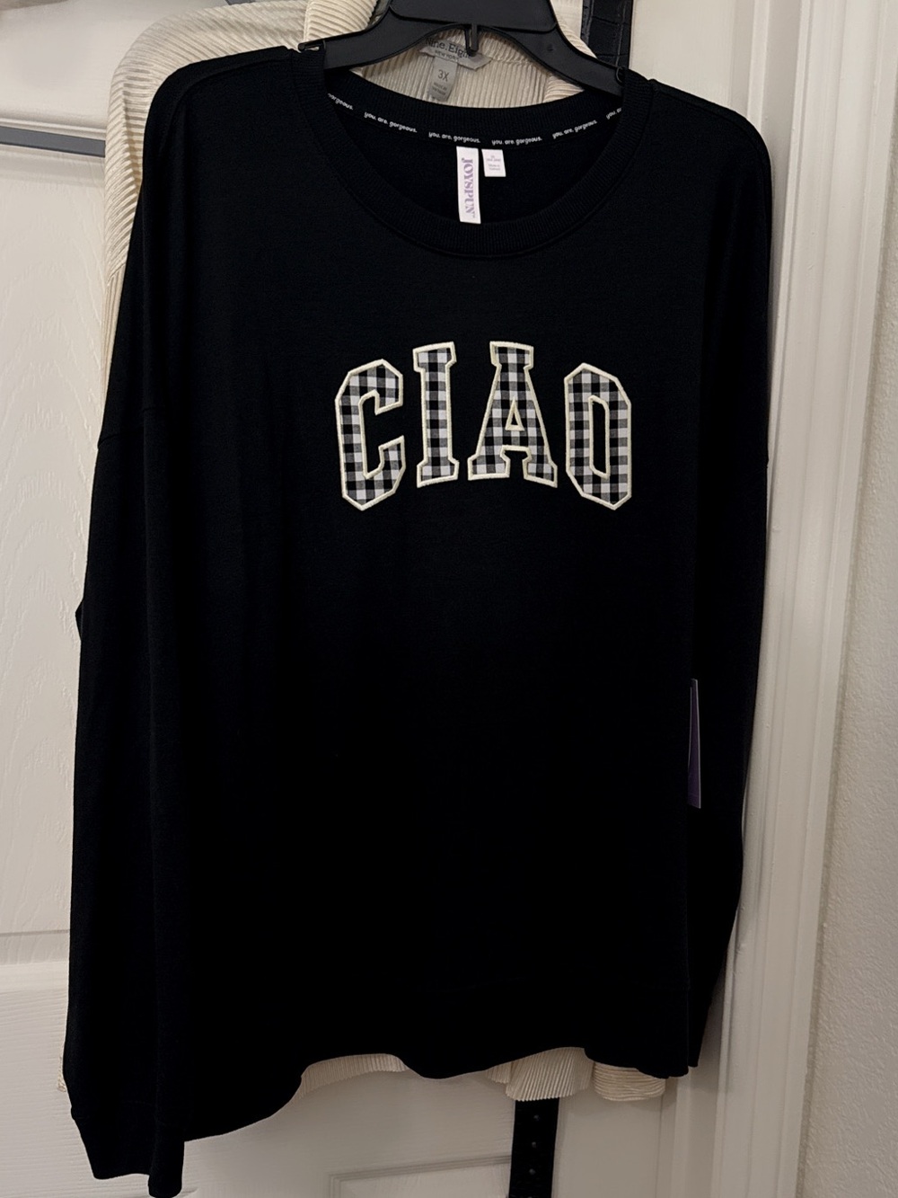 Black Crewneck Sweater with Plaid 'CIAO' Applique by Unknown Brand